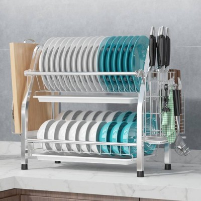 304 Stainless Steel Sliver Storage Dish Shelf,Kitchen Organizer 2 Tiers Dish Drainer Rack